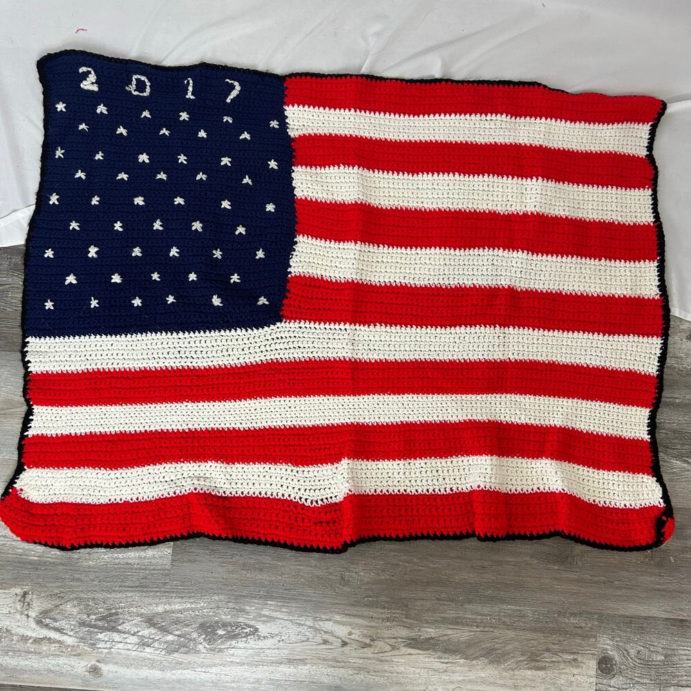 Handmade Crochet American Flag Blanket 36” x 50” Patriotic USA Afghan Americana